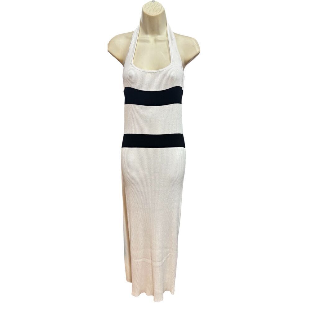 Yaitte Exclusive Ribbed Midi Halter Dress In White & Black Nwt Size Small — image 2 of 6